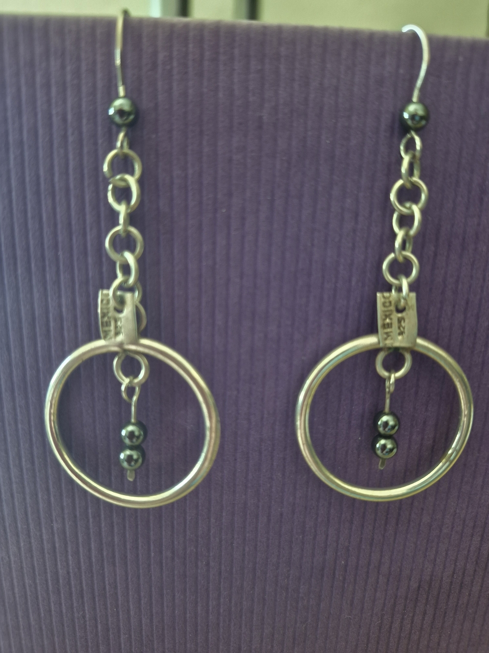 Silver (925) Hematite Bead Hoop Drop Earrings